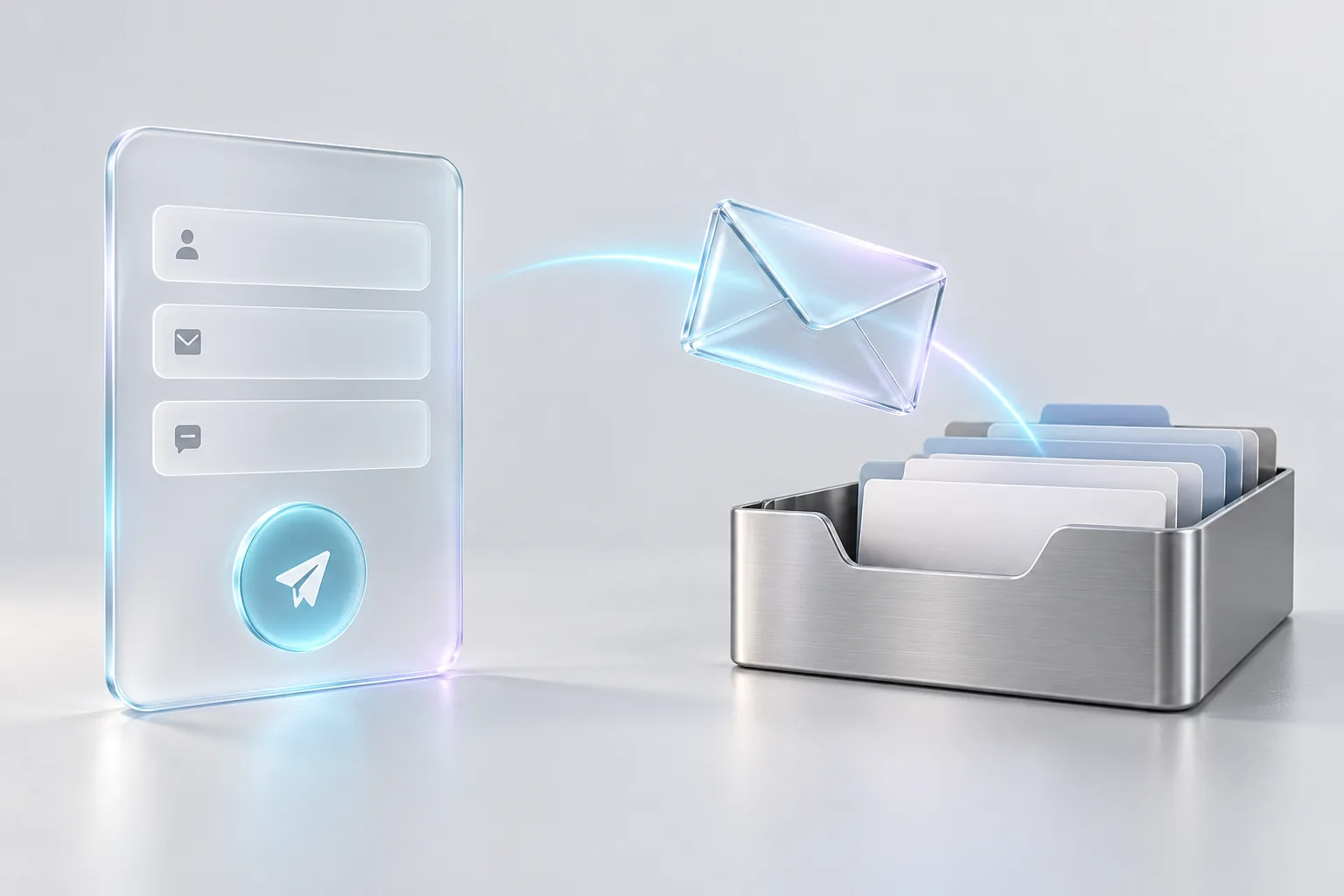 A form on a glass panel sends an envelope to a manager's tray