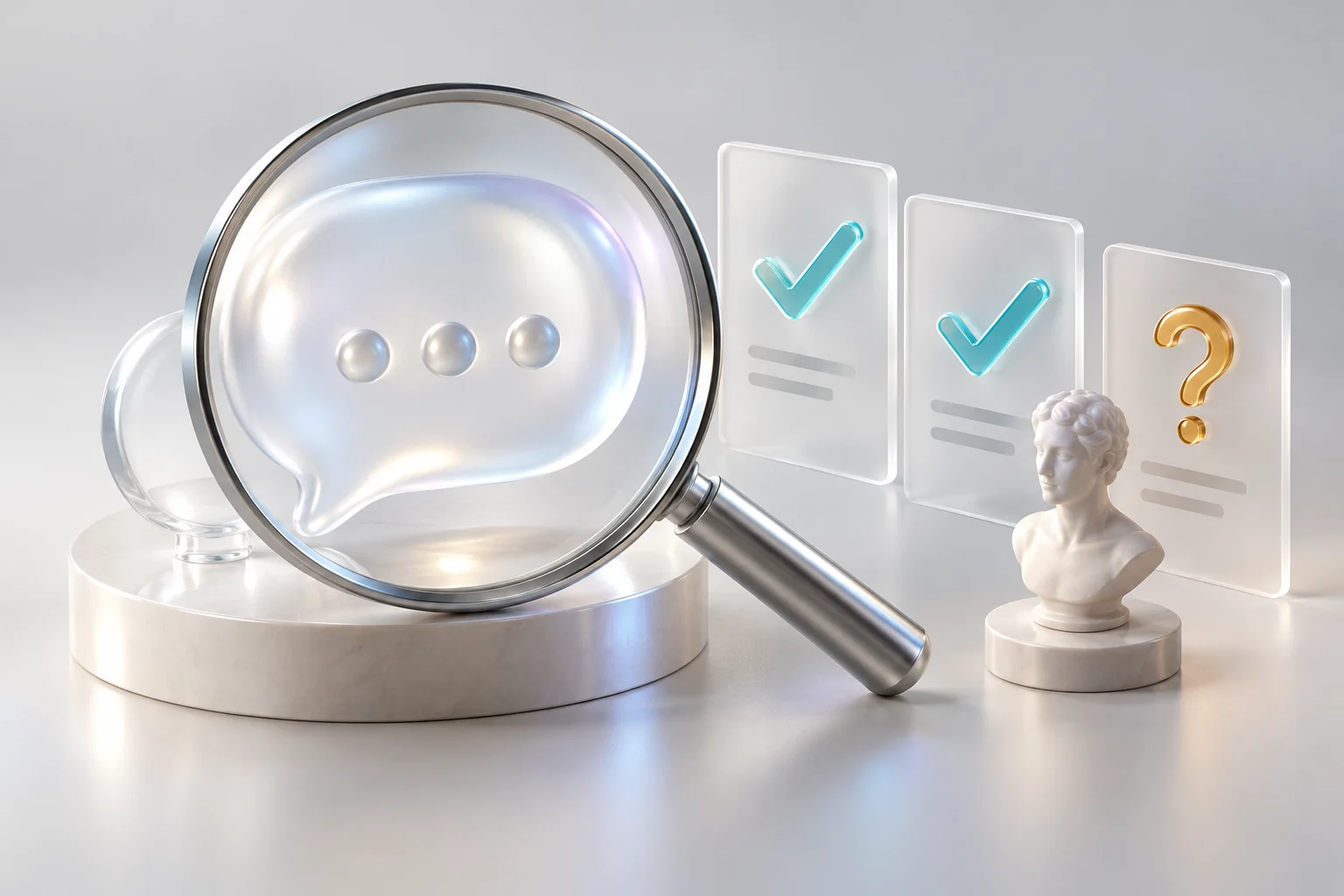 3D illustration of AI assistant verification: a conversation, checklist and confirmed outcome