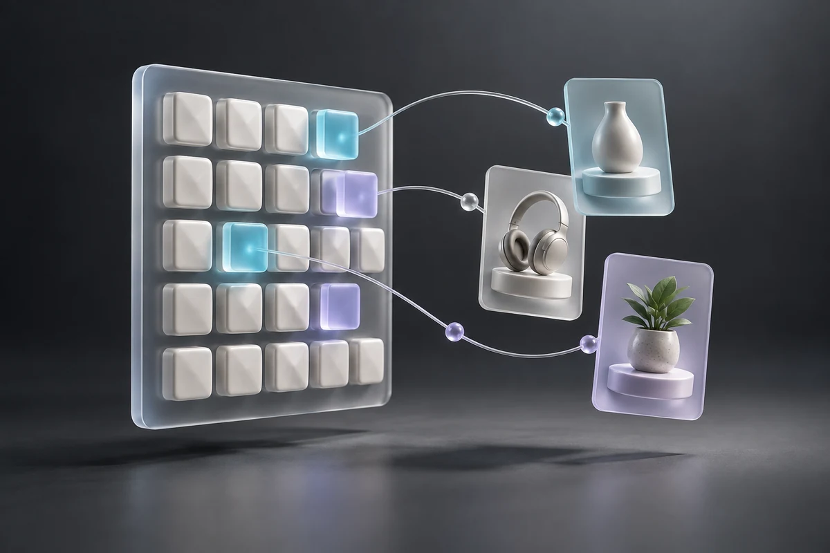 A glass spreadsheet with orderly rows of 3D cells turning into tidy catalog cards