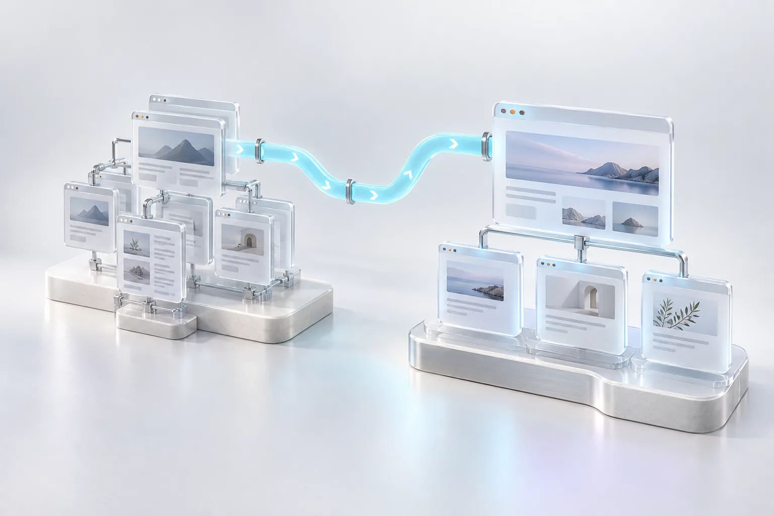 Two website structures made of glass cards connected by a light path