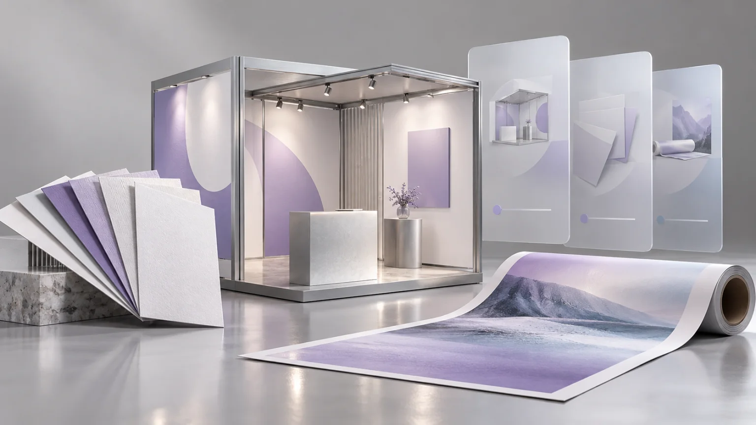 An exhibition stand, paper samples and large-format printing in a service catalog
