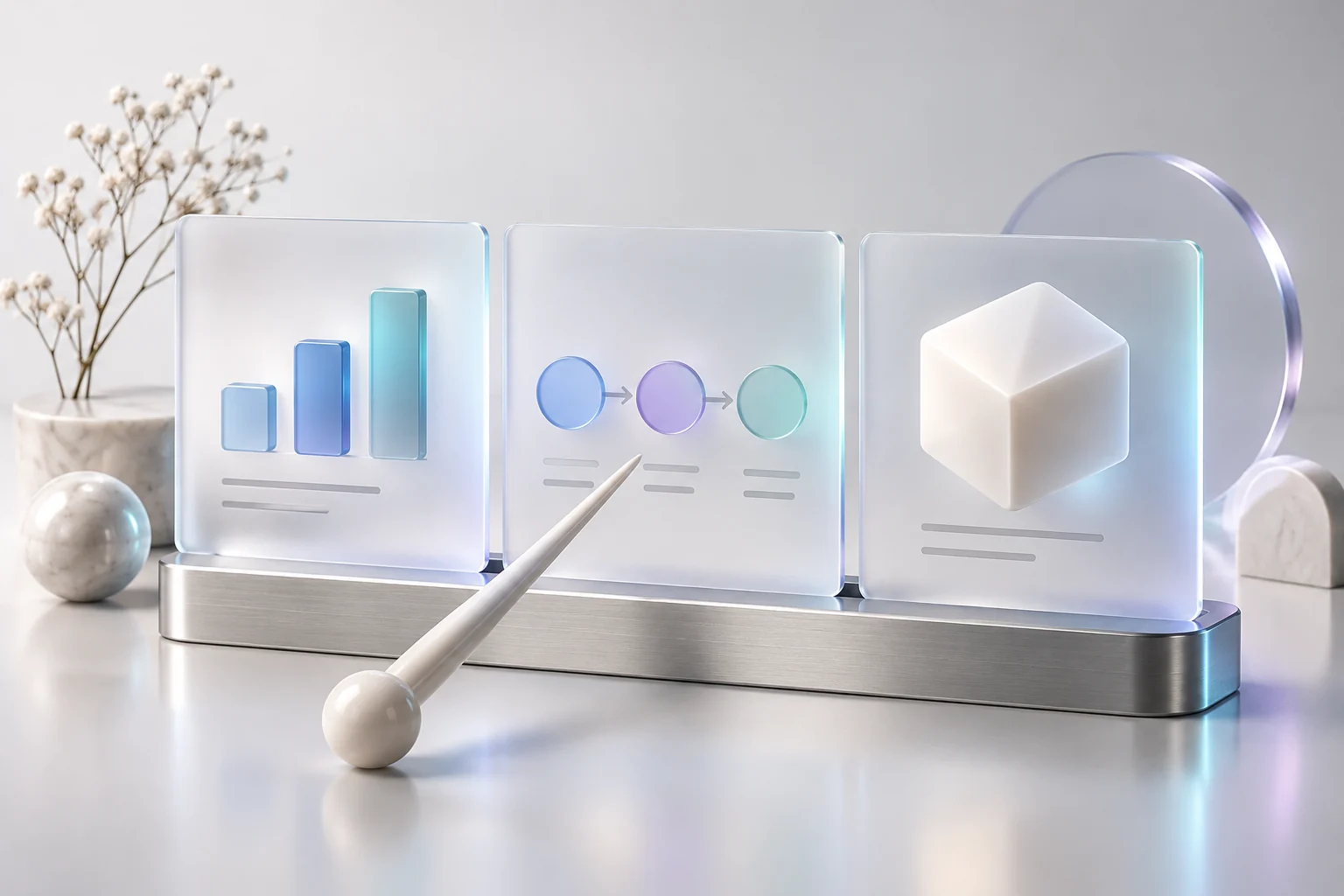 3D presentation slides with a chart, product diagram and prepared materials