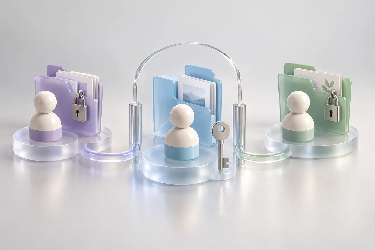 3D illustration of customer account roles: participant profiles, access keys and connected working cards