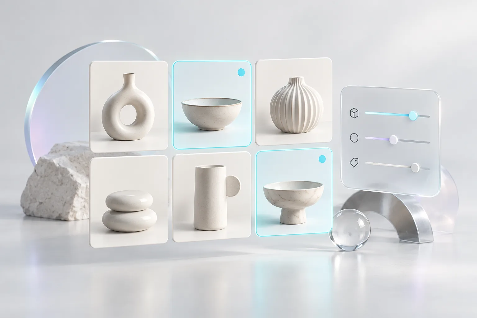 Product catalog tiles beside transparent filter controls
