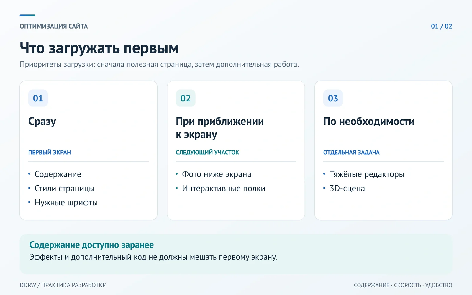 Приоритеты загрузки сайта: содержание и оформление первого экрана, затем ресурсы по мере просмотра и тяжёлые возможности по необходимости.