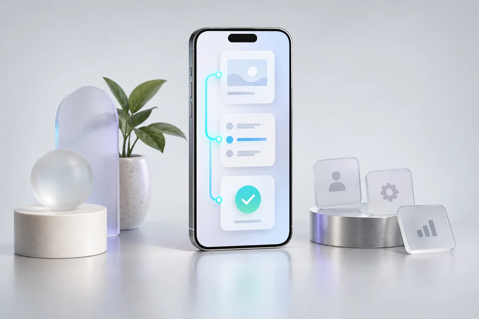 A mobile interface with a sequence of screens and task completion marks