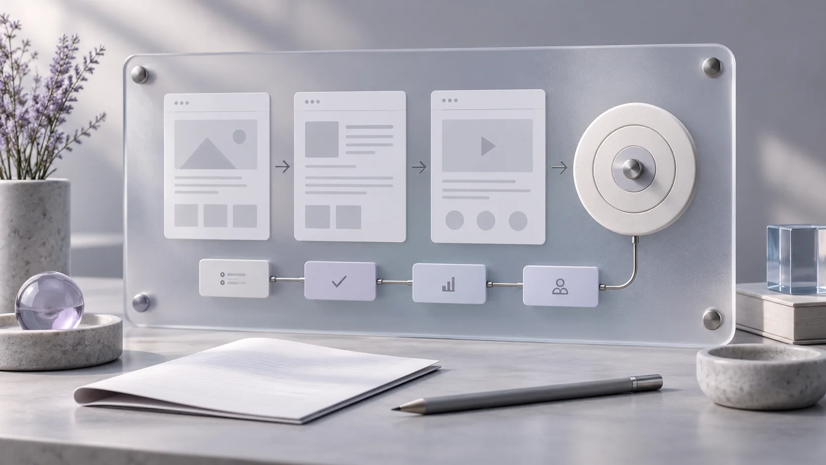 A website plan: pages, tasks and a goal on a glass board