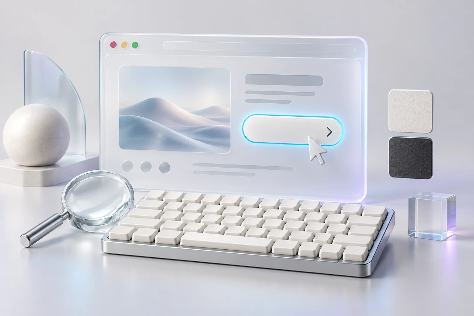 3D accessible-interface illustration: a keyboard, visible focus and page zoom