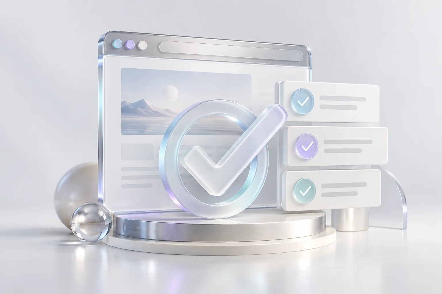 A glass website panel with a checkmark and verification cards before launch